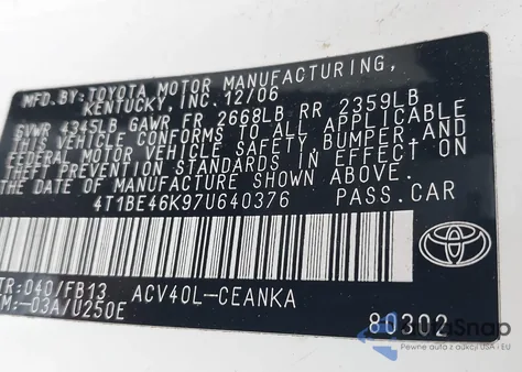 2007 Toyota Camry Le from USA, damaged, VIN 4T1BE46K97U640376